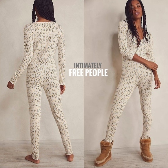 Like New -Free People Intimately Home Alone long johns, ivory combo, size XSmall - Picture 2 of 6